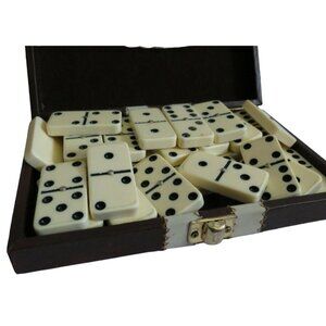Vintage Bakelite Domino Set Faux Leather Case Double 6 Black White
